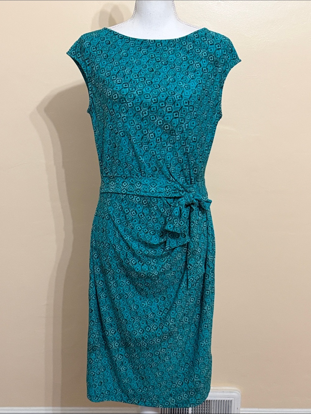 Lauren Ralph Lauren Teal Geo Print Tie-Waist Sheath Dress